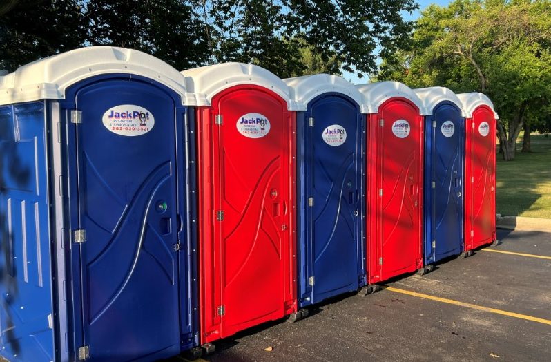 Jackpot restrooms blue and red